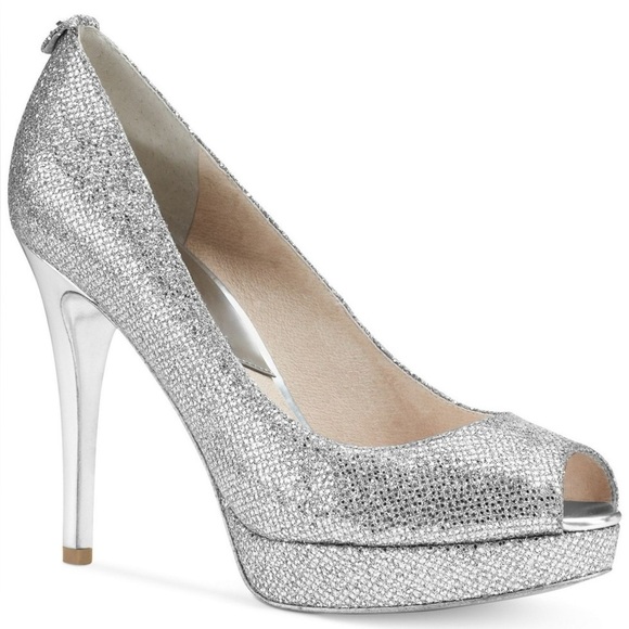 Michael Kors Silver Peep-Toe Platform High Heels with Glitter Finish Size 9.5 - Picture 1 of 16